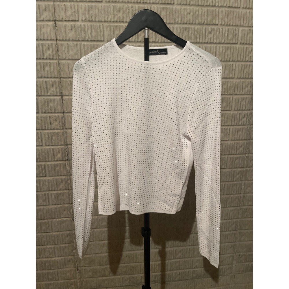 ARTWELTH White Rhinestone‎ Embellished Long Sleeve Crop Top Shirt Size L